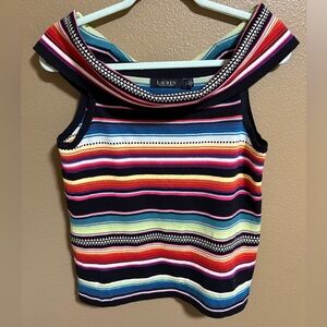 Ralph Lauren Off Shoulder Multicolor Striped Women's Ribbed Top Sz Large